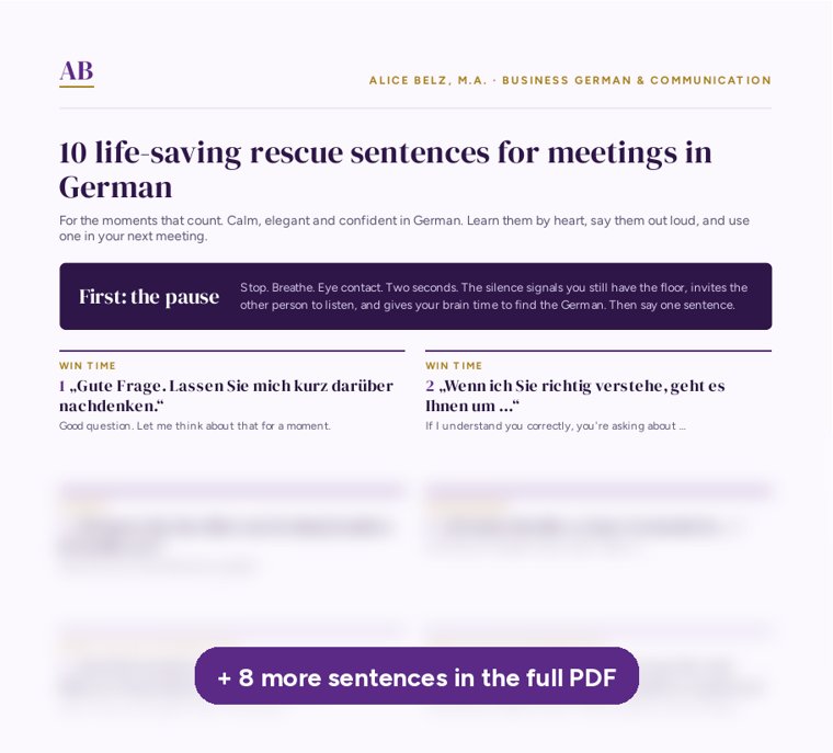Preview of the free PDF: 10 life-saving rescue sentences for meetings in German